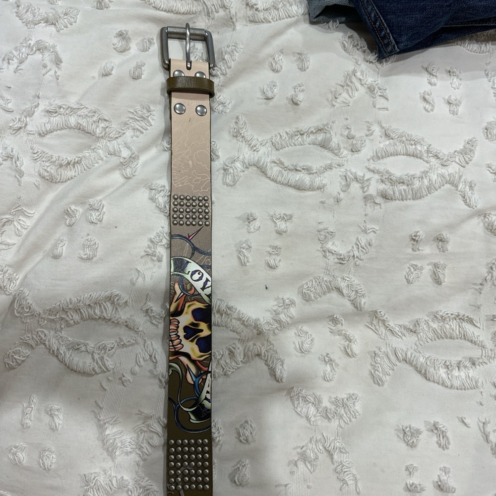 Ed Hardy Kids Belt with Skull Design - Silver and Black
